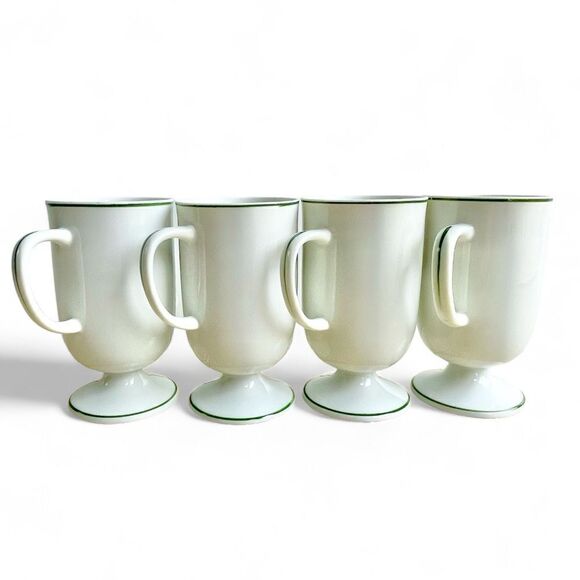 Vintage Irish Coffee White Shamrock Green Trim Footed Ceramic Mugs Set of 4 - Picture 8 of 16